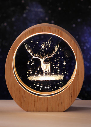 3D Laser Engraved Crystal Night Light with Wood Base