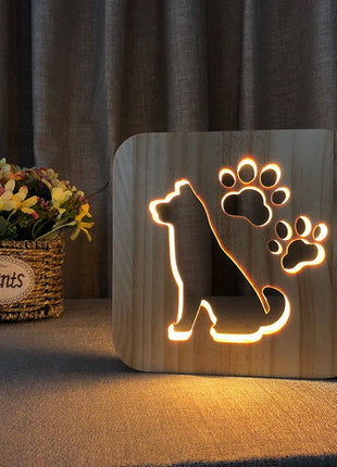 Creative Dog Paw 3D Wood Carving LED Night Light