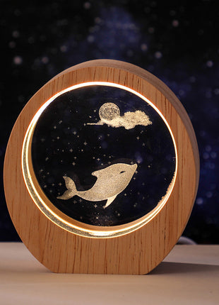 3D Laser Engraved Crystal Night Light with Wood Base