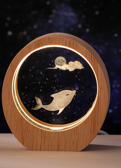 3D Laser Engraved Crystal Night Light with Wood Base