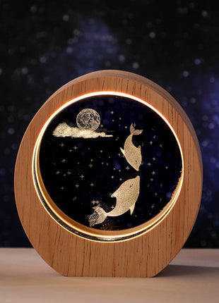 3D Laser Engraved Crystal Night Light with Wood Base