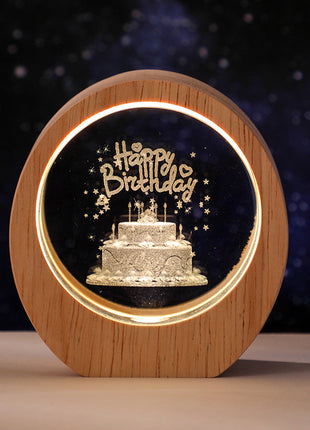 3D Laser Engraved Crystal Night Light with Wood Base
