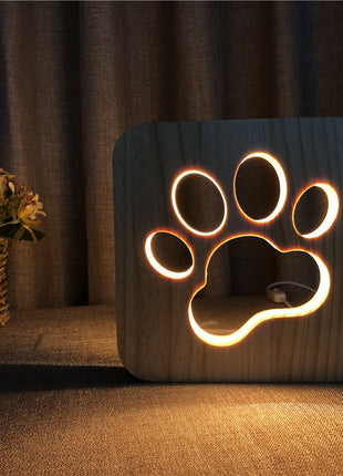 Creative Dog Paw 3D Wood Carving LED Night Light