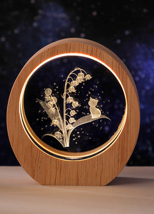 3D Laser Engraved Crystal Night Light with Wood Base