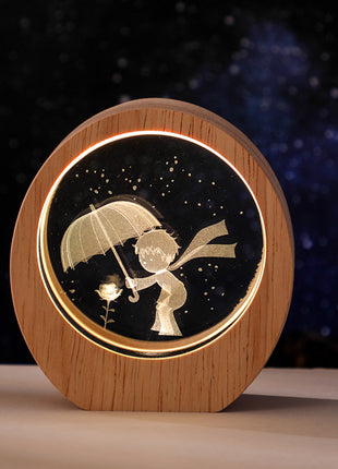 3D Laser Engraved Crystal Night Light with Wood Base
