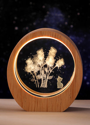 3D Laser Engraved Crystal Night Light with Wood Base