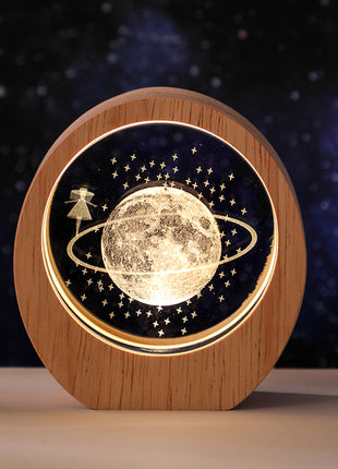 3D Laser Engraved Crystal Night Light with Wood Base