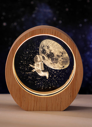 3D Laser Engraved Crystal Night Light with Wood Base