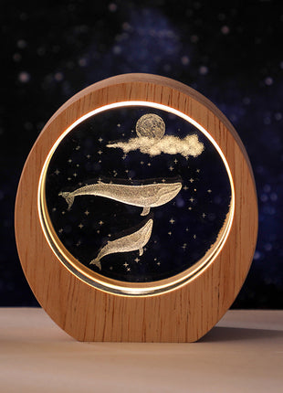 3D Laser Engraved Crystal Night Light with Wood Base